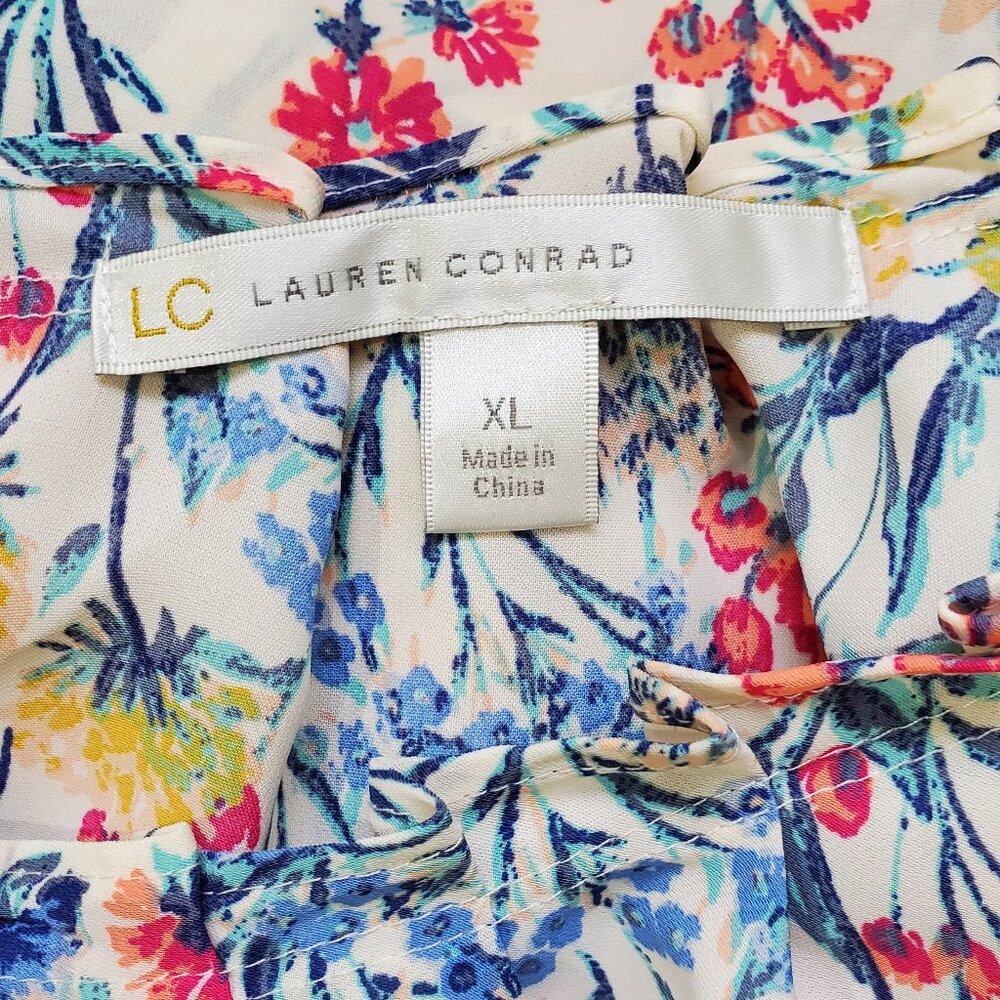 LC Lauren Conrad Cream Floral Pleat Neck Blouse XL - Picture 2 of 6